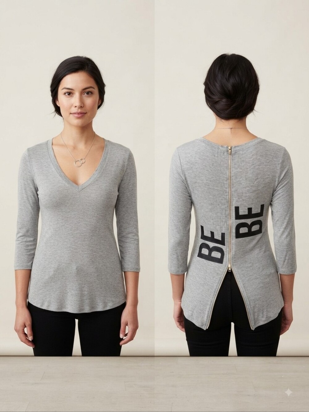 Women's Grey V-Neck 3/4 Sleeve Top with Back Zip and 'BEBE" Print